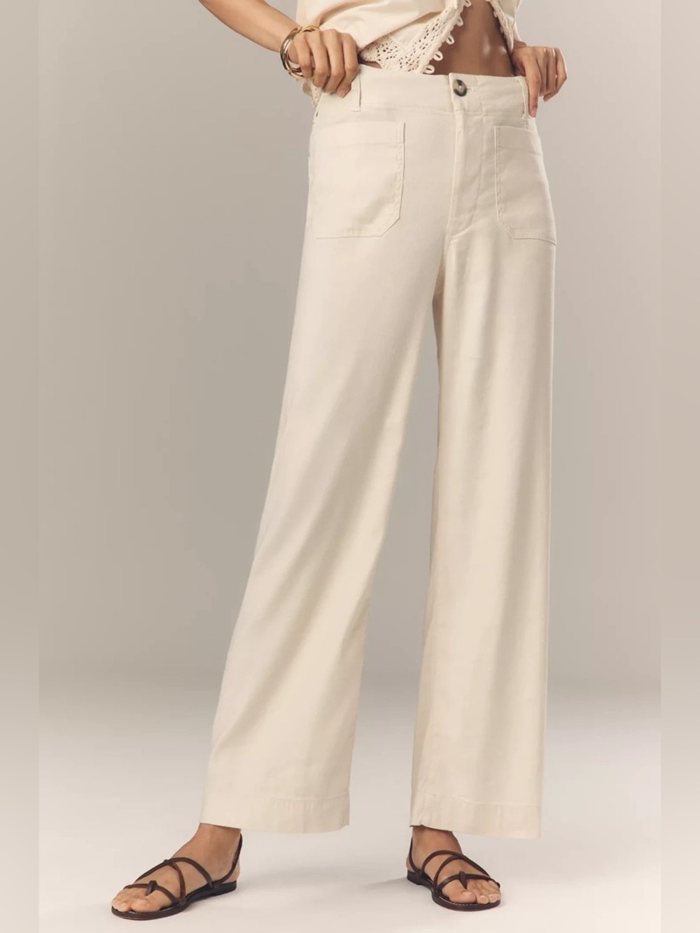 Maeve Anthropologie Colette High Rise Wide Leg Linen Pants Ivory Sz 28